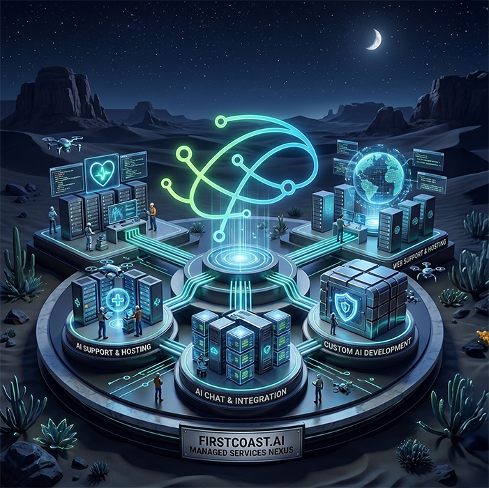 Isometric illustration of a night-time managed services command center: AI support and hosting, custom AI development, and web support and hosting stations connected to a central monitoring core.