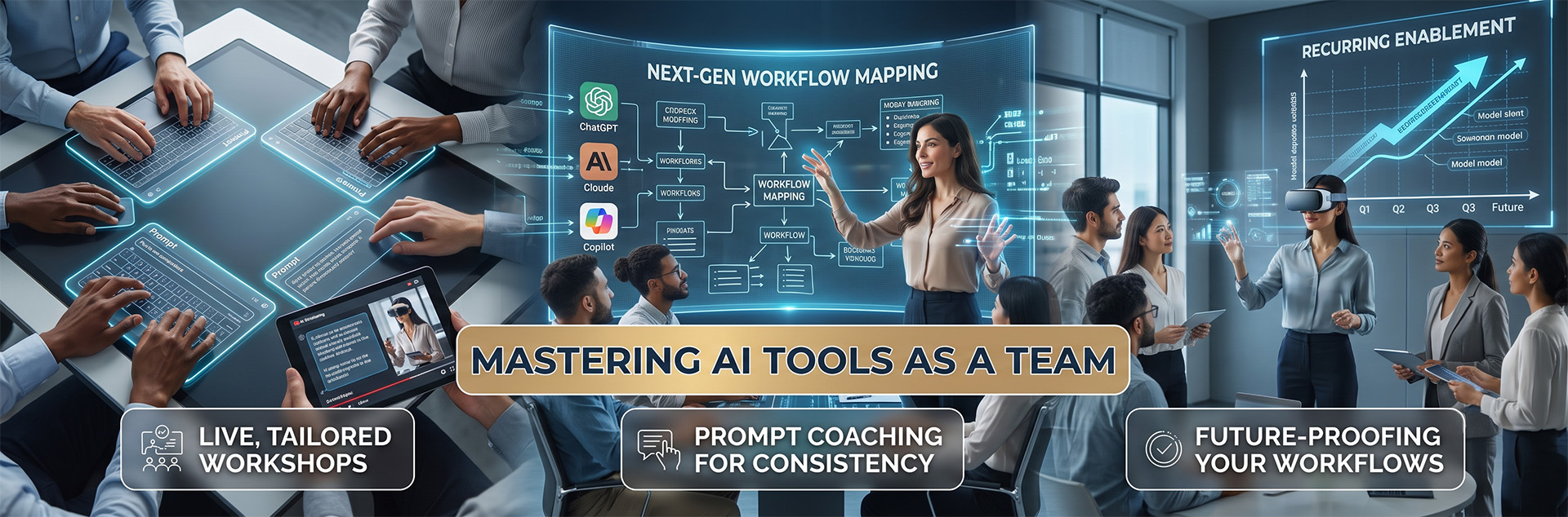 Team members in a workshop session learning to use AI tools alongside a trainer.