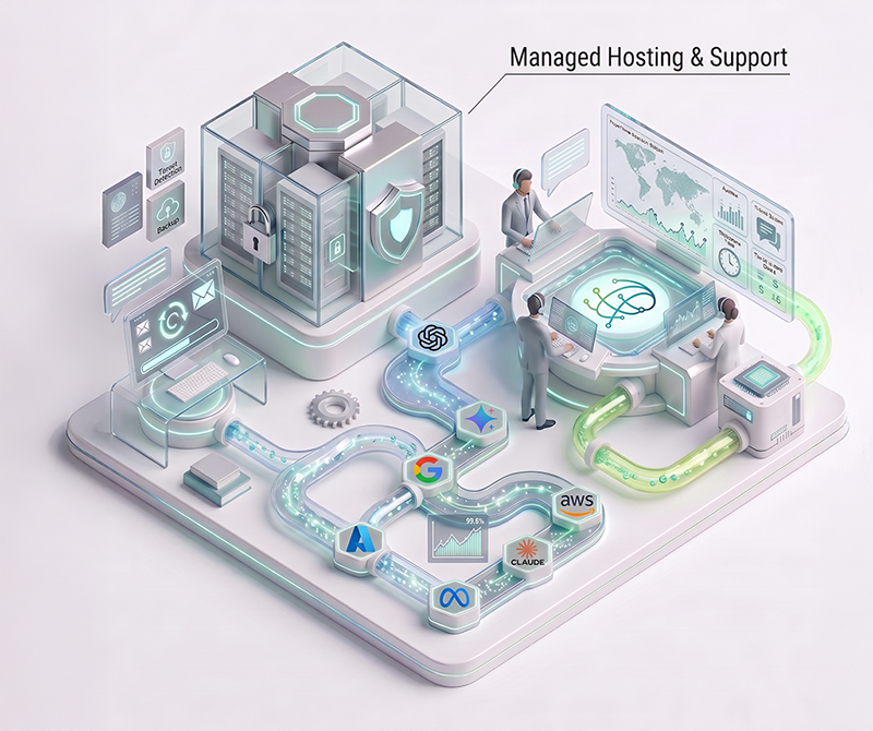 Isometric illustration of managed hosting and support: secure servers with threat detection and backup, support staff at analytics dashboards, and connected cloud providers.